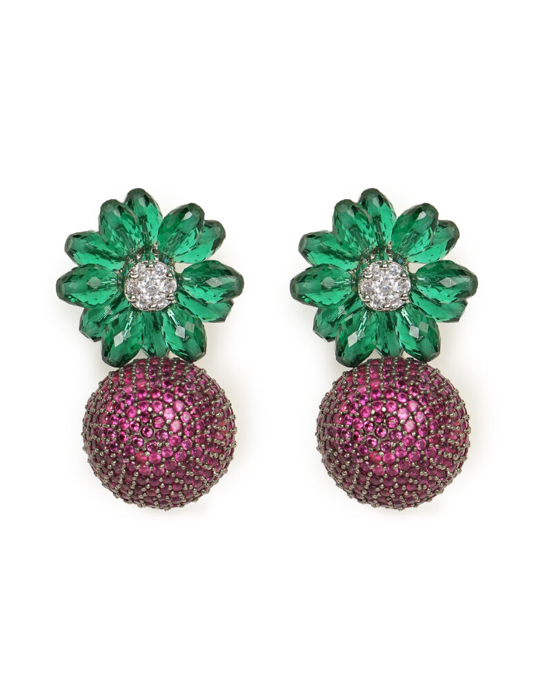 Floral Green Crystal and Ruby Ball Statement Earrings