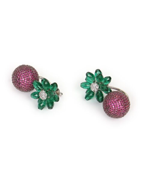Floral Green Crystal and Ruby Ball Statement Earrings