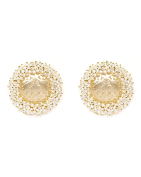 Golden Floral Dome Pearl Earrings