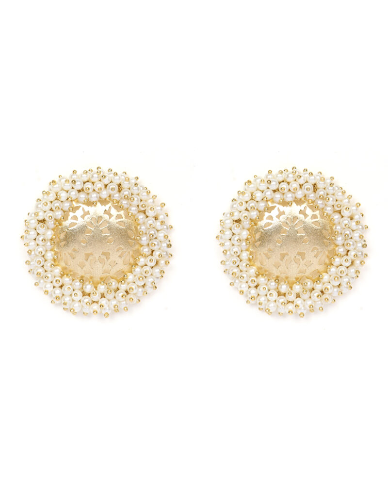 Golden Floral Dome Pearl Earrings