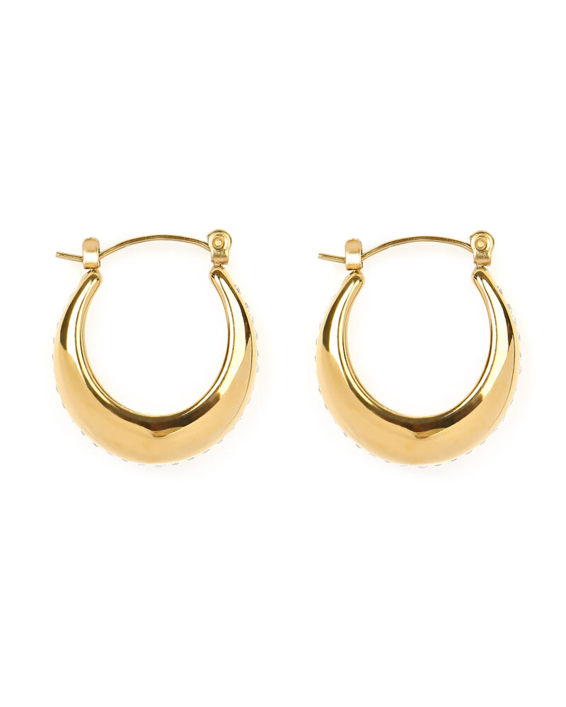 Gold Curved Hoop Earrings with Rhinestones