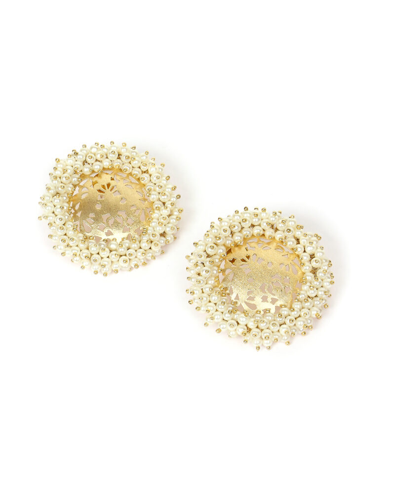Golden Floral Dome Pearl Earrings