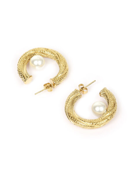 Gold Mesh Hoop Earrings with Pearls