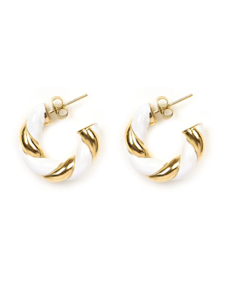 Gold and White Enamel Hoop Earrings