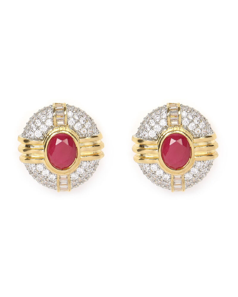 Gold and Pink Stone Stud Earrings with Diamond Accents