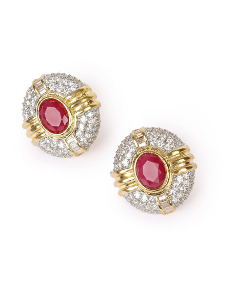 Gold and Pink Stone Stud Earrings with Diamond Accents
