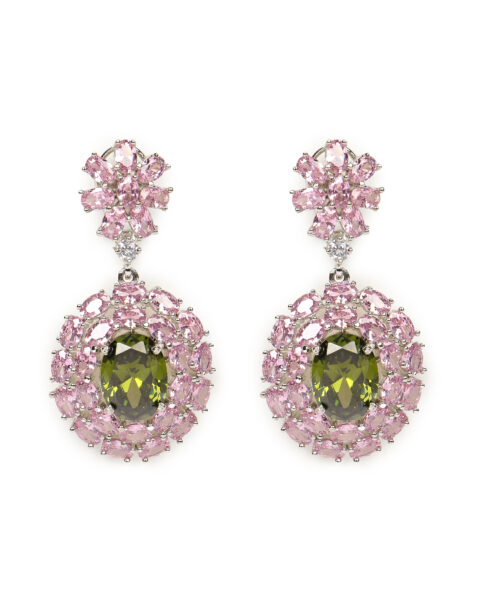 Olive Green and Pink Crystal Floral Drop Earrings