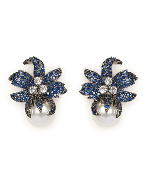 Blue Sapphire Flower Stud Earrings with Pearl Drop