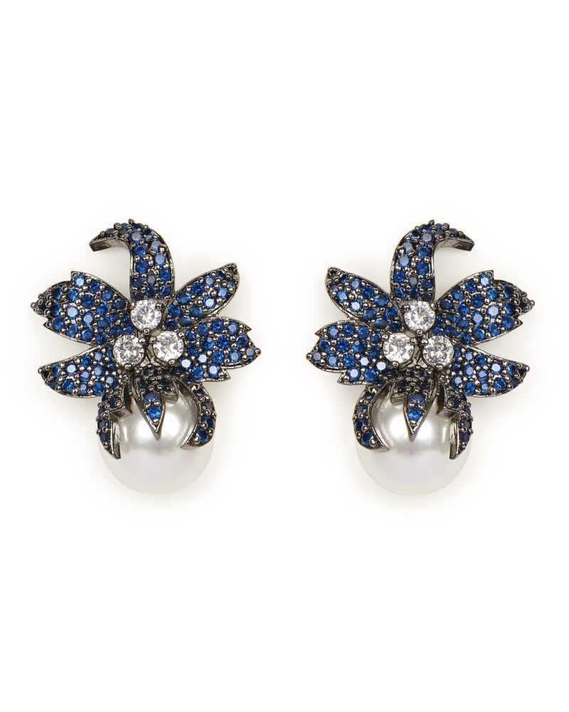 Blue Sapphire Flower Stud Earrings with Pearl Drop