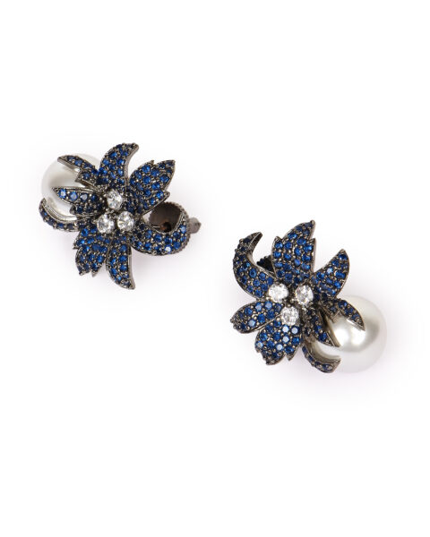 Blue Sapphire Flower Stud Earrings with Pearl Drop