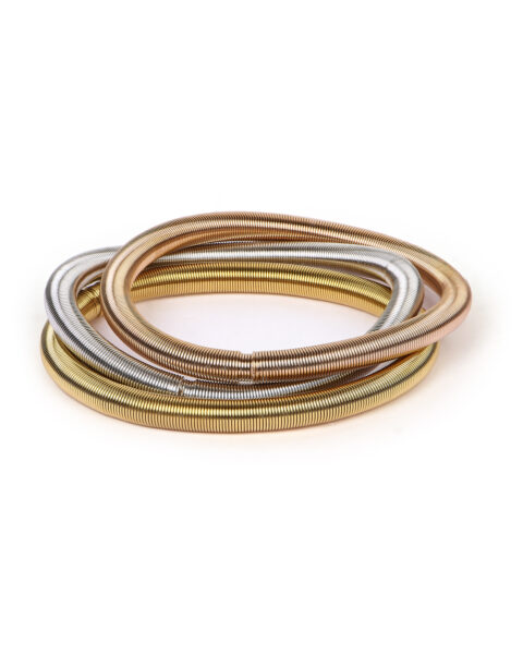 Triple-Tone Coil Bracelets Set: Gold, Rose Gold, and Silver