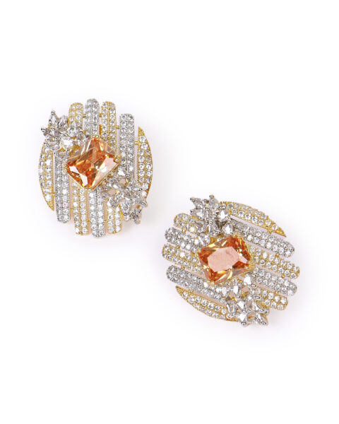 Gold-Plated Striped Crystal Earrings with Champagne Stone Accent