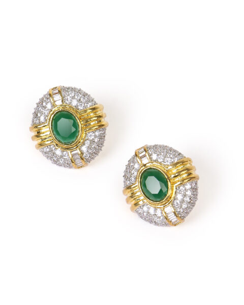 Gold and Green Stone Stud Earrings with Diamond Accents