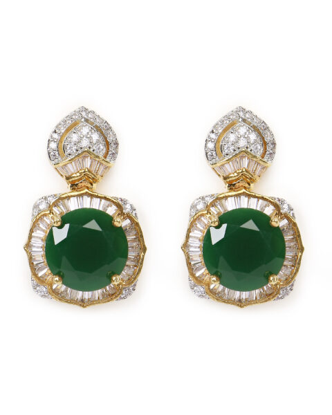 Green Stone Drop Earrings with Baguette Diamond Accents
