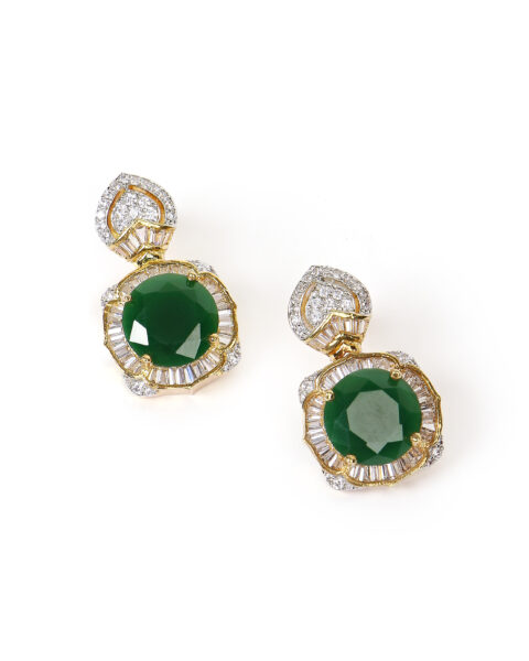Green Stone Drop Earrings with Baguette Diamond Accents