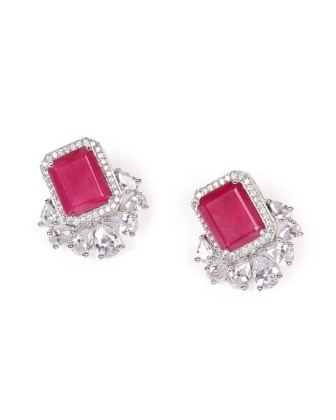 Princess Cut Pink Gemstone Earrings with Crystal Fan Detailing