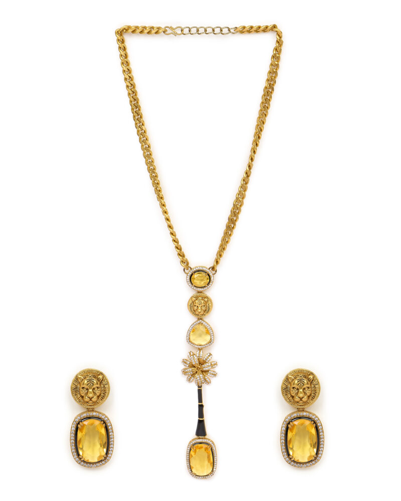 Yellow Stone Pendant Necklace with Tiger Motif Earrings