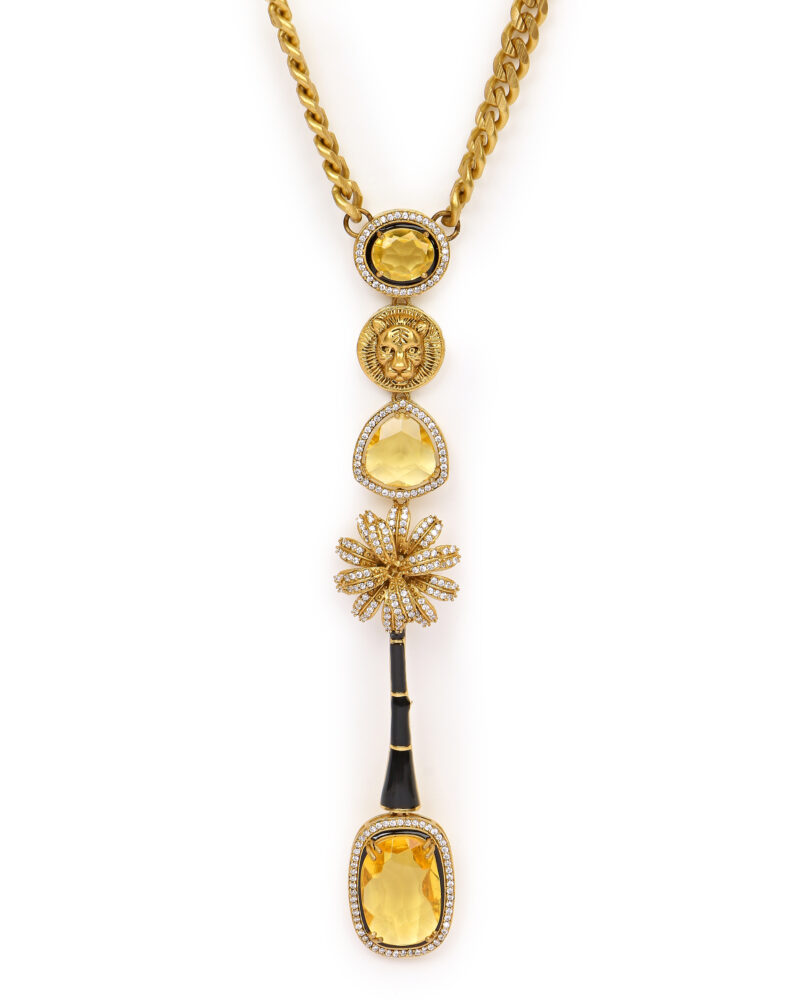 Yellow Stone Pendant Necklace with Tiger Motif Earrings