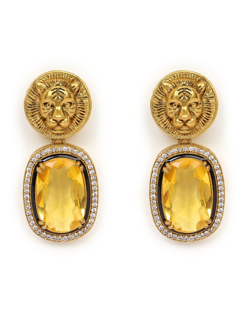 Yellow Stone Pendant Necklace with Tiger Motif Earrings