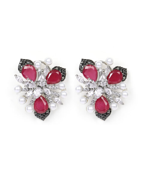 Ruby Pearl Floral Stud Earrings