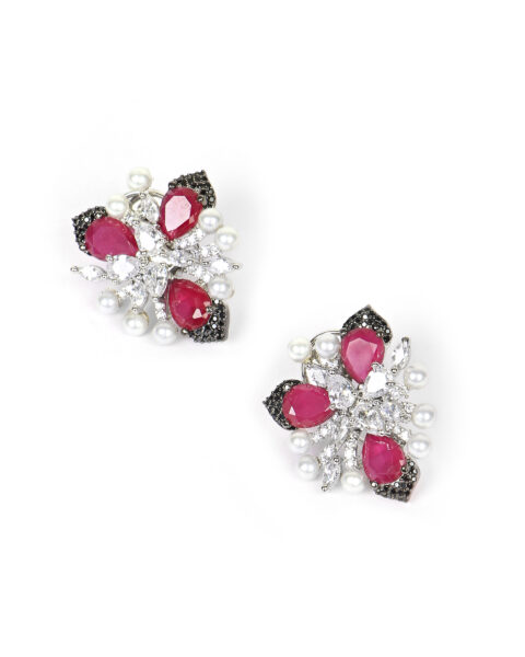 Ruby Pearl Floral Stud Earrings