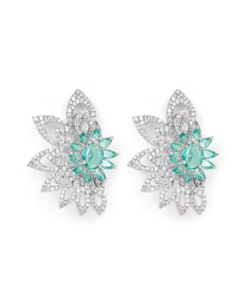 Silver Floral Earrings with Mint Green Centre Stones