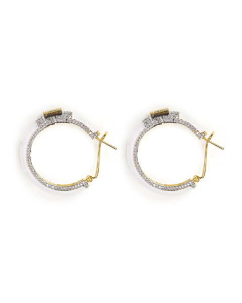 White and Black Gemstone Hoop Earrings with Gold Accents