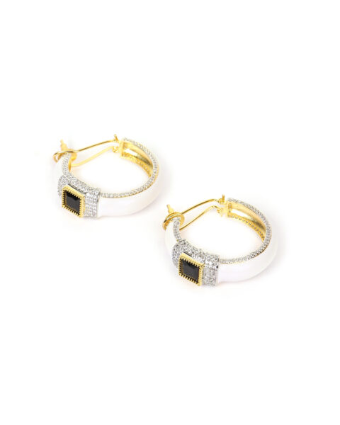 White and Black Gemstone Hoop Earrings with Gold Accents