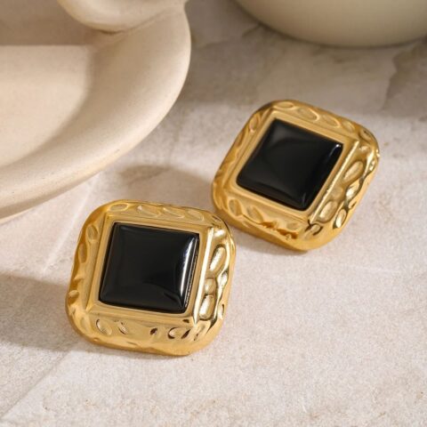Gold-Plated Black Enamel Triangle Earrings