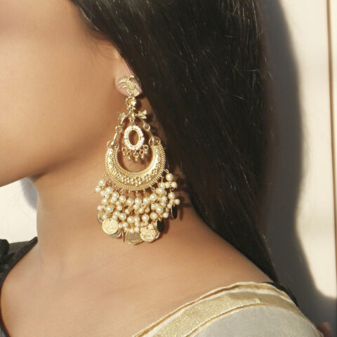 Crescent Earrings with Mogra Pearls and Coins