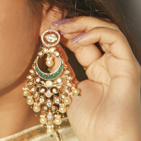 Kundan & Emerald Chandbali Earrings