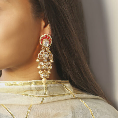 Gold-Plated Kundan Earrings with Ruby and Pearl Details